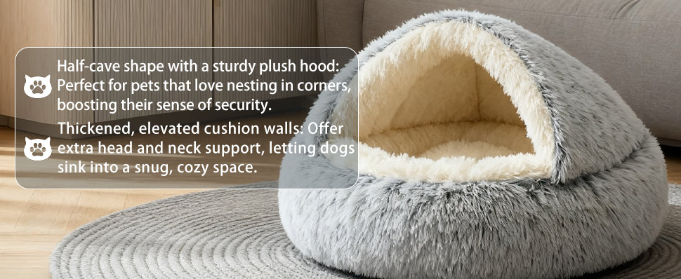 A detailed view of a gray Dogegis™ cave bed highlighting its half-cave shape with a sturdy plush hood for security and thickened, elevated cushion walls for extra head and neck support.