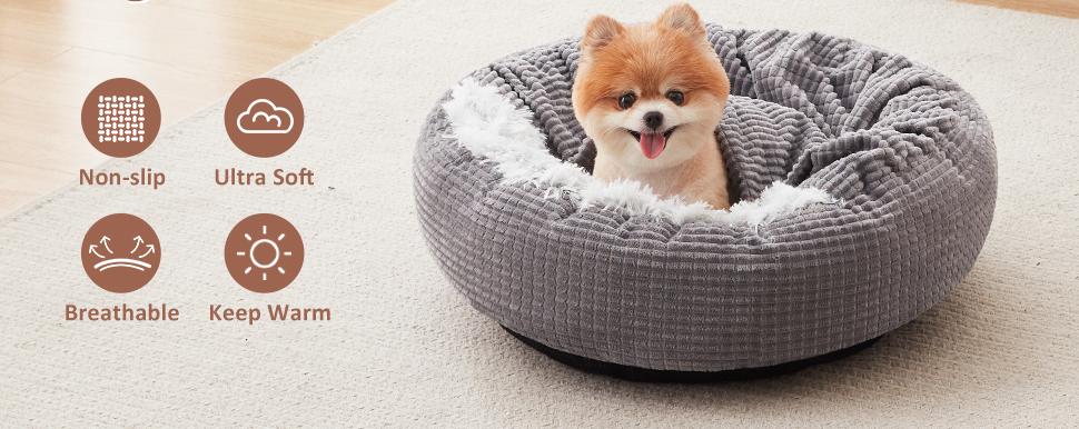 Two plush cave dog beds in light blue and beige, with icons highlighting technical features: Stand-up Top, Plush Material, Elastic Foam, Soft Cushion, Washable, Two Modes, and Anti-slip Bottom.