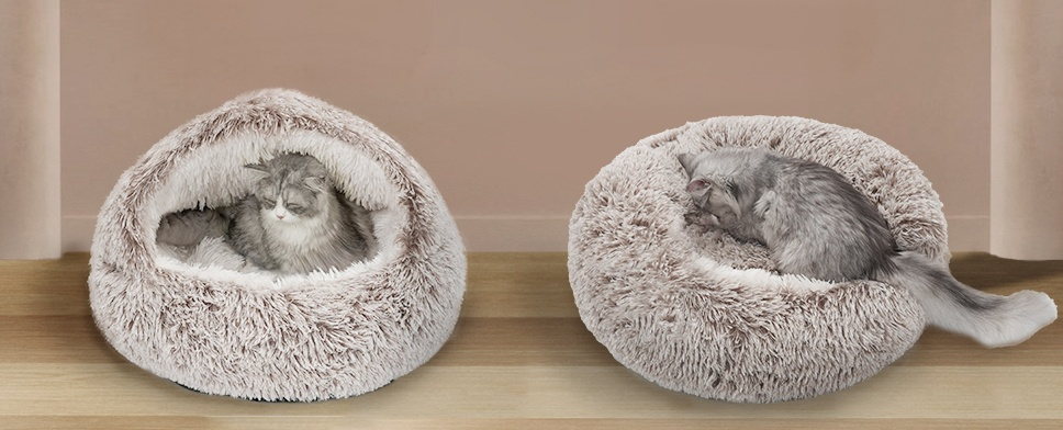 Side-by-side view of the 2-in-1 Soft Plush Cave Bed in two modes: a secure, hooded den for burrowing and a flattened, thick mat for lounging, demonstrating the versatility of vegan faux fur and PP cotton materials.