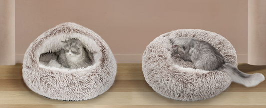 Side-by-side view of the 2-in-1 Soft Plush Cave Bed in two modes: a secure, hooded den for burrowing and a flattened, thick mat for lounging, demonstrating the versatility of vegan faux fur and PP cotton materials.