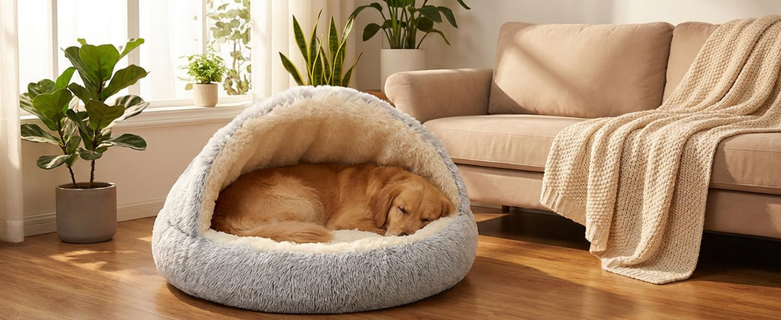 A Golden Retriever sleeping in a gray Cuddle Cave Pet Bed with a sturdy, non-collapse canopy, comparing it to the soft-hooded CozyNook™ for anxiety relief in 2026