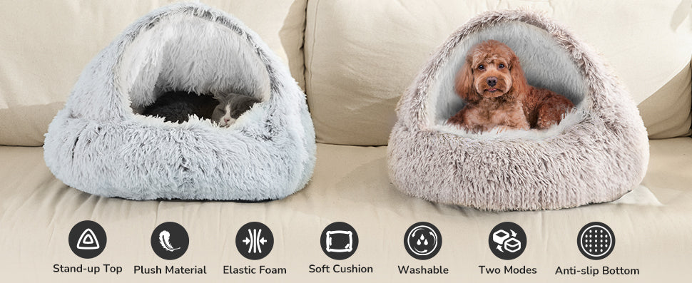 Features of the Dogegis™ Sturdy Cuddle Cave dog bed including stand-up top, plush material, and washable cover, designed to replace the cold floor under beds during storms