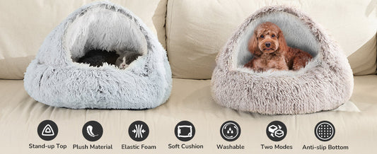 Features of the Dogegis™ Sturdy Cuddle Cave dog bed including stand-up top, plush material, and washable cover, designed to replace the cold floor under beds during storms