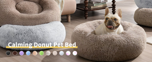 Plush anti-anxiety dog cave bed in coffee color for small dogs nesting behavior
