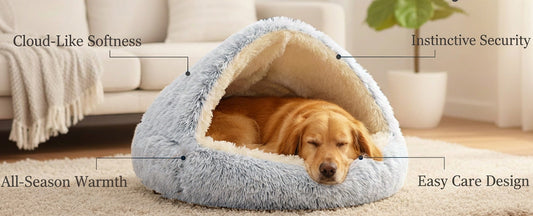 A Golden Retriever sleeping in a light blue Dogegis™ Calming Dog Cave Bed, with labels highlighting Cloud-Like Softness, Instinctive Security, All-Season Warmth, and Easy Care Design