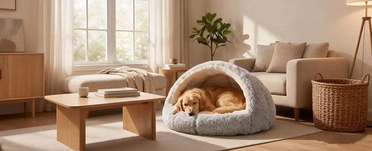 A golden retriever sleeping peacefully in a gray Dogegis™ cave bed in a modern sunlit living room, demonstrating how a 'dog cave bed' serves as a stylish and functional sanctuary