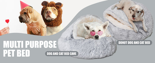 Multi-purpose pet bed demonstration showing a dog in 'Cave Mode' for burrowing and 'Donut Mode' for sprawling, perfect for breeds like Dachshunds and Shar-Peis in 2026