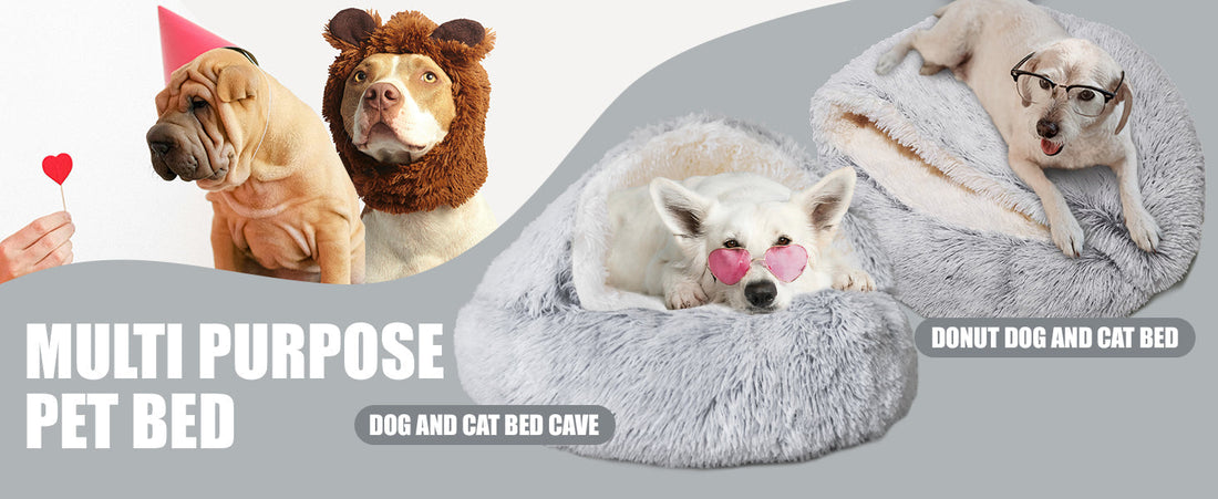 Multi-purpose pet bed demonstration showing a dog in 'Cave Mode' for burrowing and 'Donut Mode' for sprawling, perfect for breeds like Dachshunds and Shar-Peis in 2026