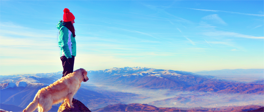 A hiker in a teal jacket and red beanie stands on a mountain peak with a golden dog, looking out over a vast, snow-capped valley in the 2026 winter season.