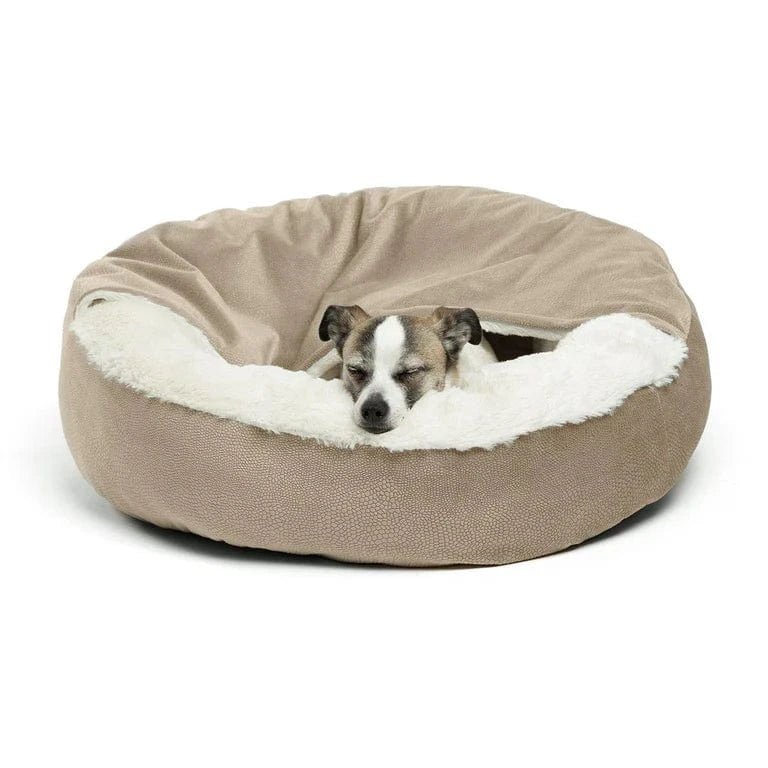 Beige cozy cave dog bed featuring a soft plush interior for warmth and anxiety relief