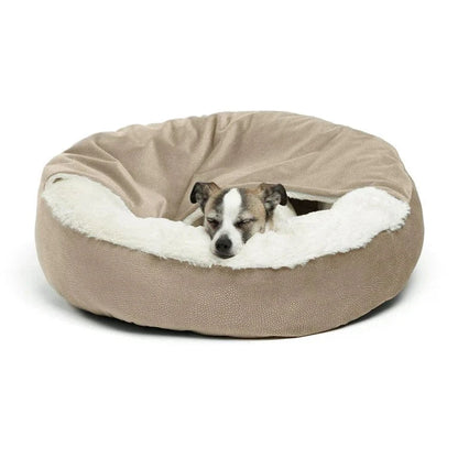 Beige cozy cave dog bed featuring a soft plush interior for warmth and anxiety relief