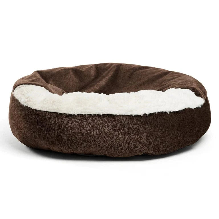Side view of the brown cozy cave dog bed showcasing its durable plush structure
