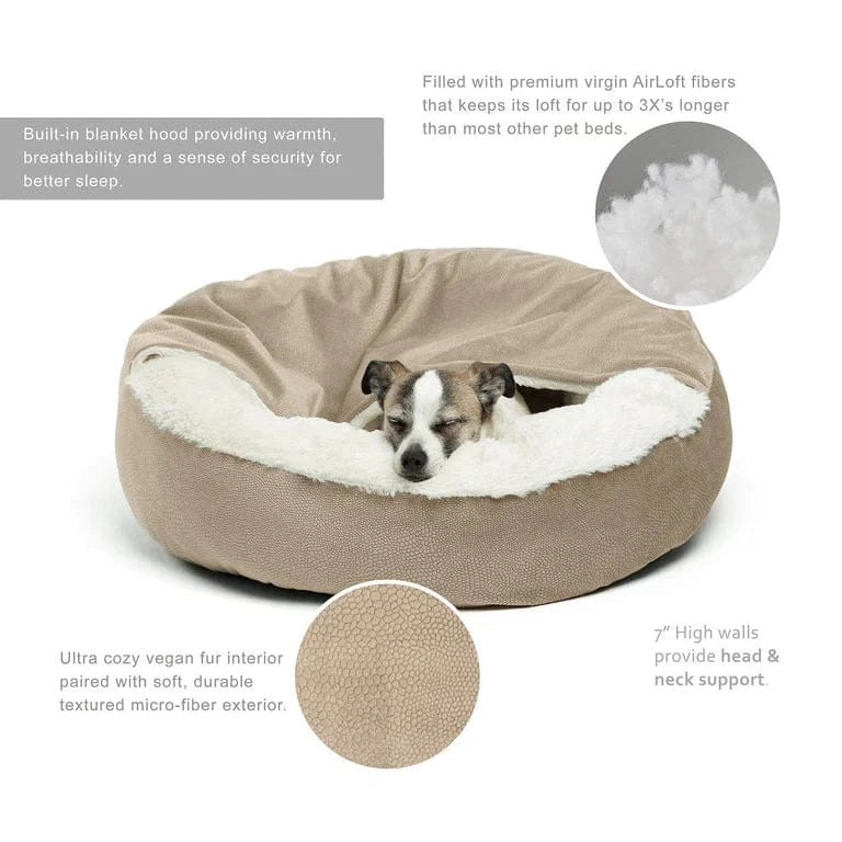 Material and feature diagram of the cozy cave dog bed highlighting soft plush interior and heat-trapping cover