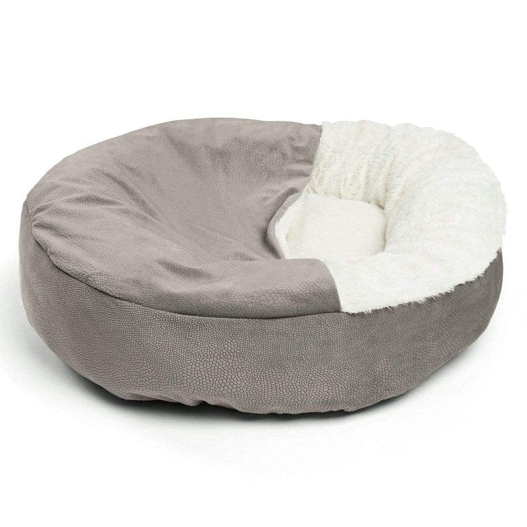 Classic view of the grey cozy cave dog bed highlighting its premium plush fabric and warm design