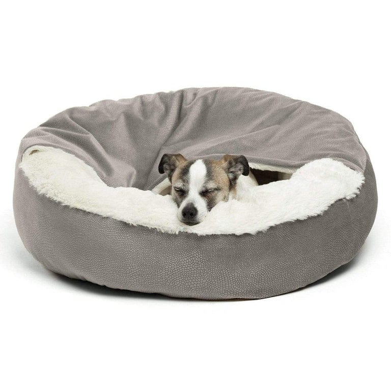 Cozy Cave Dog Bed in grey with a covered design, creating a warm, secure space for burrowing dogs.