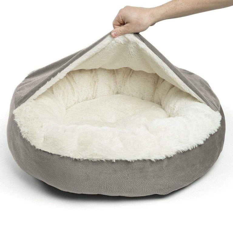 Showing the flexible covered hood of the grey cozy cave dog bed for easy burrowing access