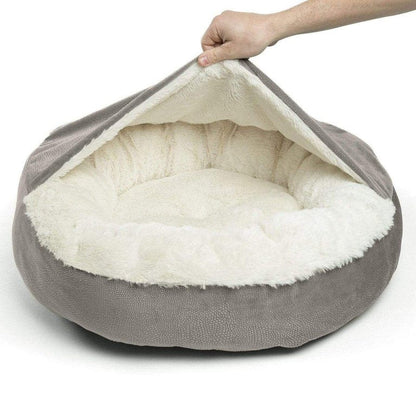 Showing the flexible covered hood of the grey cozy cave dog bed for easy burrowing access