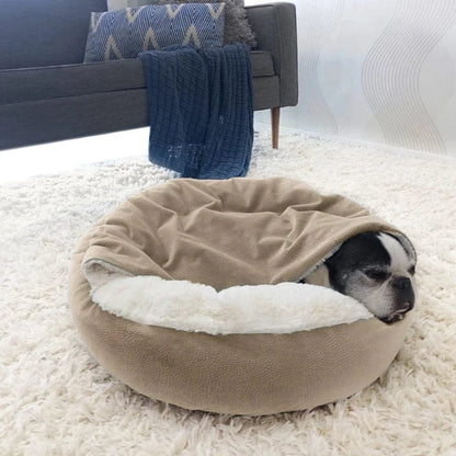 Cozy cave dog bed placed in a modern living room, blending home decor with pet comfort