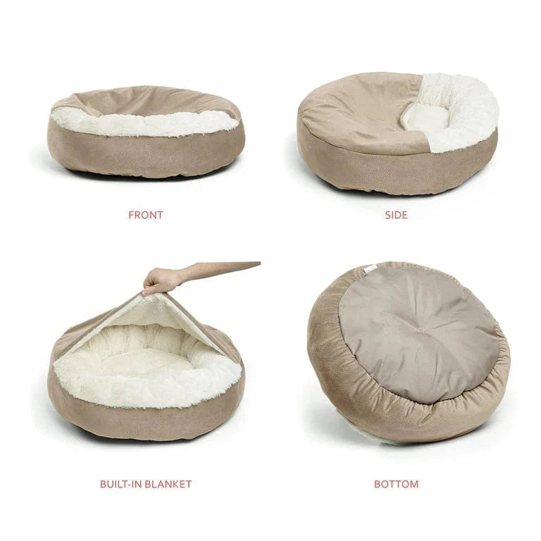 Multi-angle details of the cozy cave dog bed showing the front, side, interior, and bottom construction