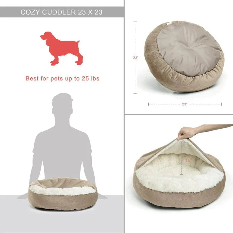 Size chart and product dimensions for the cozy cave dog bed supporting medium to large dogs