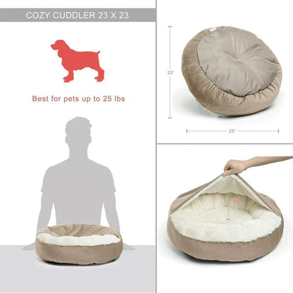 Size chart and product dimensions for the cozy cave dog bed supporting medium to large dogs