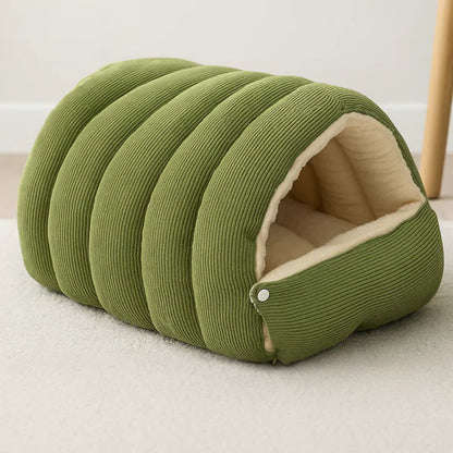 Dogegis™ 2-in-1 Calming Cave Bed in green, featuring an anti-anxiety enclosed den design for cats and small dogs