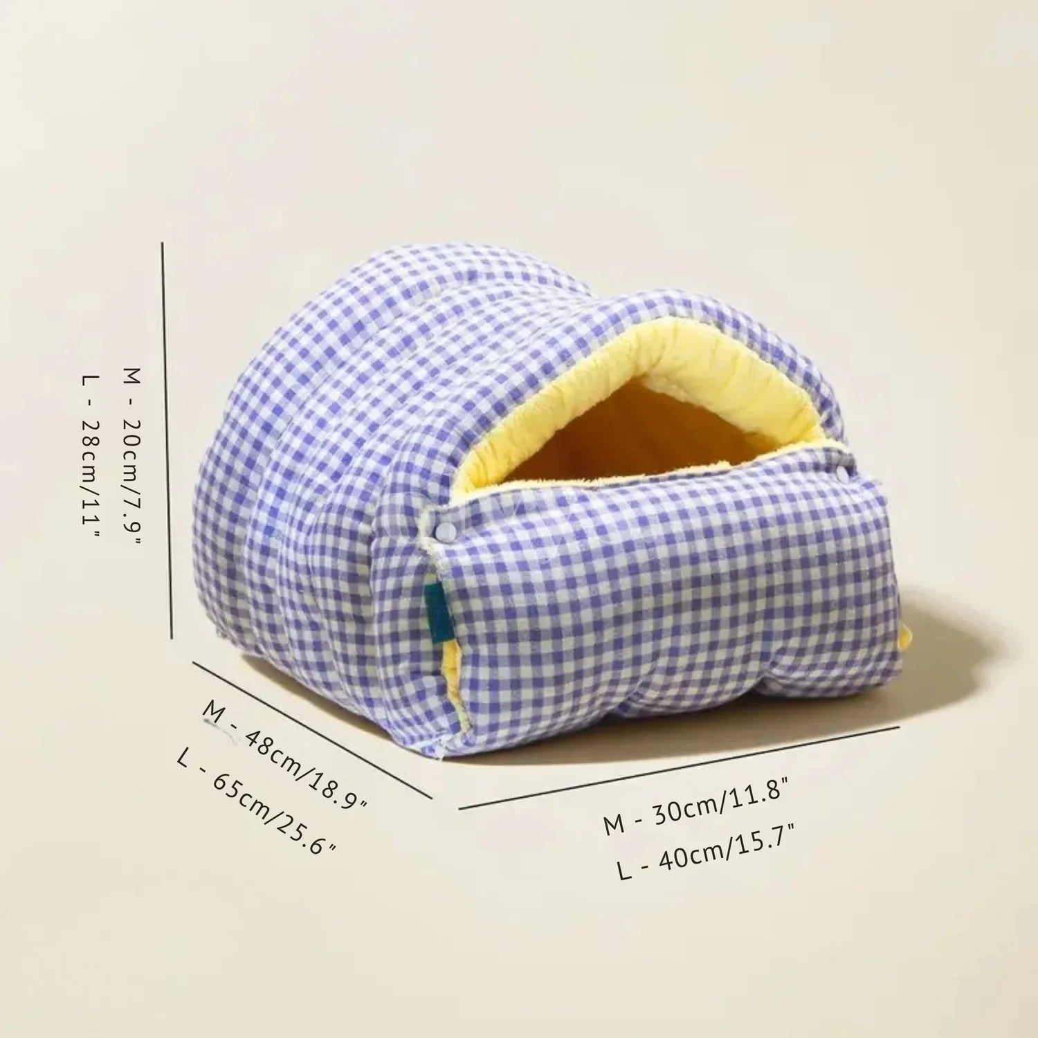Size chart and product dimensions for the Dogegis™ 2-in-1 Calming Cave bed