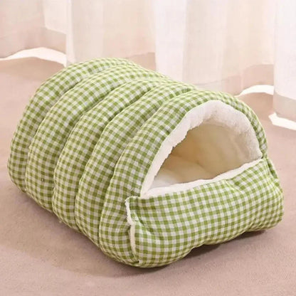 Green grid Dogegis™ 2-in-1 Calming Cave bed designed to muffle noise and soothe anxious pets