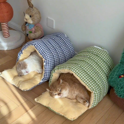 Pets utilizing different modes of the Dogegis™ 2-in-1 Calming Cave bed for ultimate relaxation