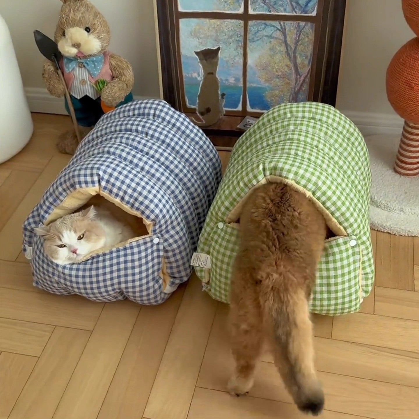 Various styles of Dogegis™ 2-in-1 Calming Cave beds placed in a modern living room setting