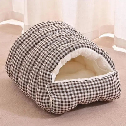 Dogegis™ 2-in-1 Calming Cave bed in a stylish plaid pattern, blending modern aesthetics with pet comfort