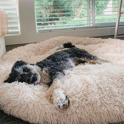 Beige Dogegis™ anti-anxiety calming donut bed featuring a raised rim for head and neck support.