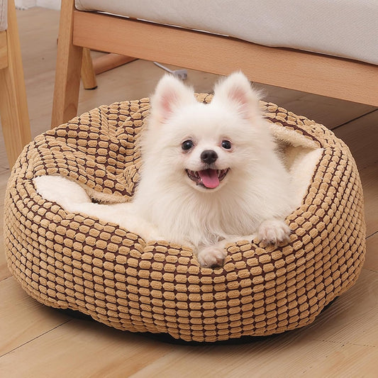 Dogegis™ Calming Cave Bed in brown corduroy featuring a self-warming hooded design for anxious dogs