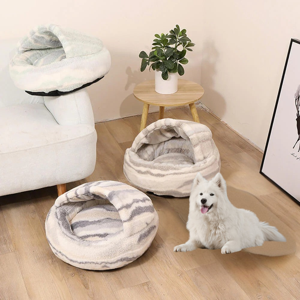 Dogegis™ Calming Cave Bed in Marble-Gradient: Washable enclosed dog bed providing a cozy sanctuary for anxious pets of all sizes.