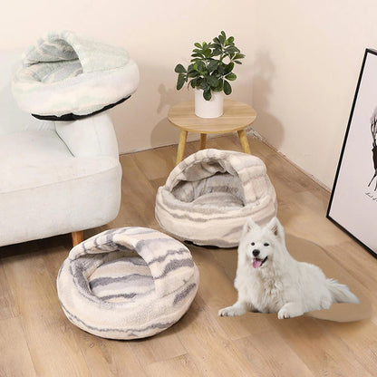 Dogegis™ Calming Cave Bed in Marble-Gradient: Washable enclosed dog bed providing a cozy sanctuary for anxious pets of all sizes.