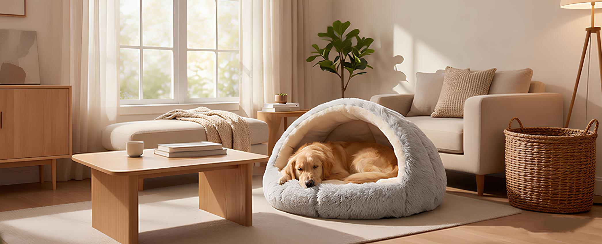 Golden Retriever sleeping peacefully inside a Dogegis grey plush calming dog cave bed in a warm, modern living room.