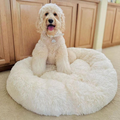 Fluffy white Dogegis™ calming donut bed designed for large and medium dog breeds.