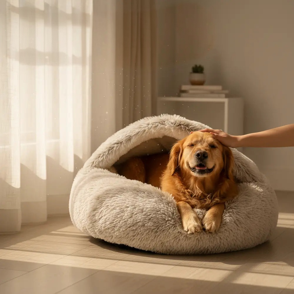 Large brown Dogegis® CozyNook cave bed providing joint support and a secure den-like environment.