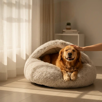Large brown Dogegis® CozyNook cave bed providing joint support and a secure den-like environment.