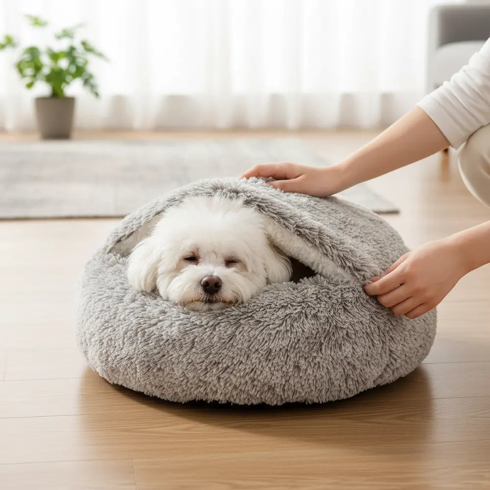 Demonstrating the breathable half-cave hood design of the grey Dogegis® calming covered dog bed
