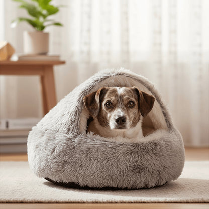 Dark grey Dogegis® CozyNook hooded pet bed designed for better sleep and behavior