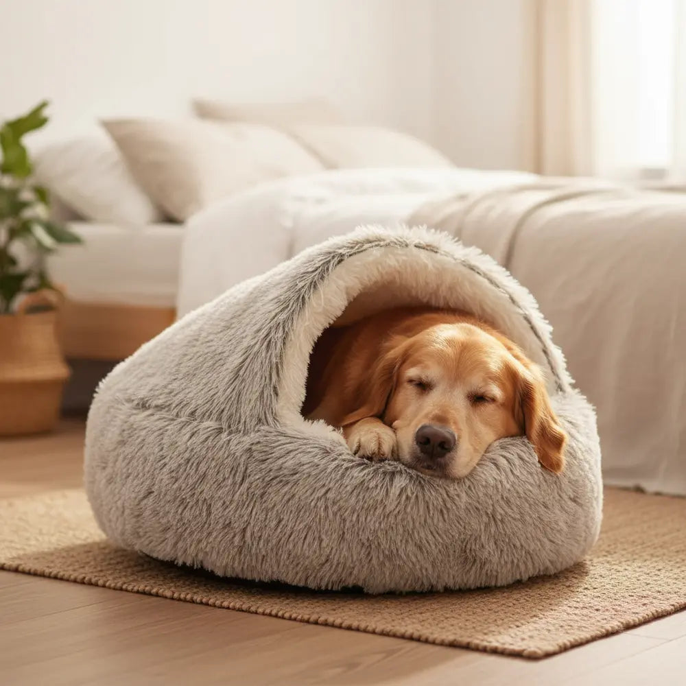 A large golden retriever relaxing comfortably inside the Dogegis® orthopedic dog cave bed