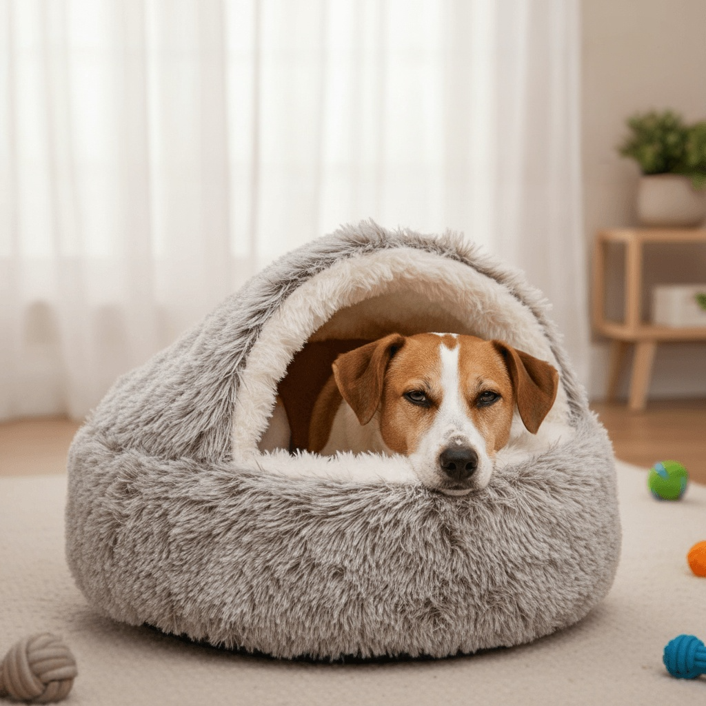 Medium dog peering out from the grey Dogegis® self-warming dog cave bed with cover