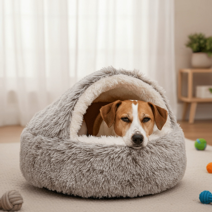 Medium dog peering out from the grey Dogegis® self-warming dog cave bed with cover