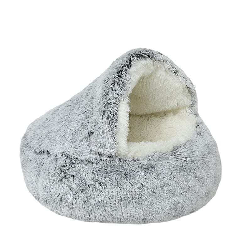 Light grey Dogegis® CozyNook dog cave bed featuring a plush faux fur and deep donut shape