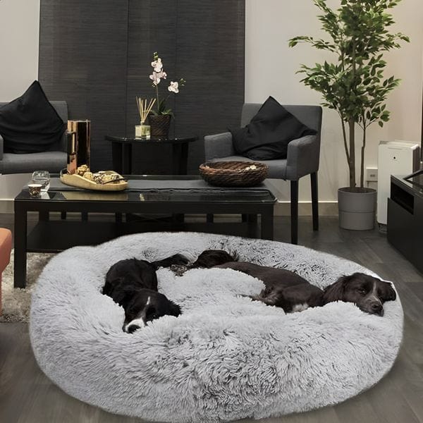 Dogegis™ Orthopedic Calming Donut Bed in large grey, providing anxiety relief and joint support for multiple dogs.