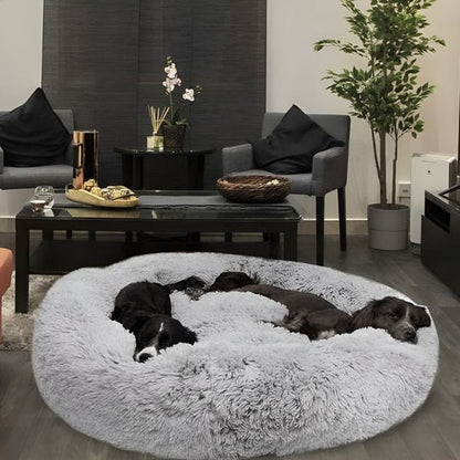 Dogegis™ Orthopedic Calming Donut Bed in large grey, providing anxiety relief and joint support for multiple dogs.