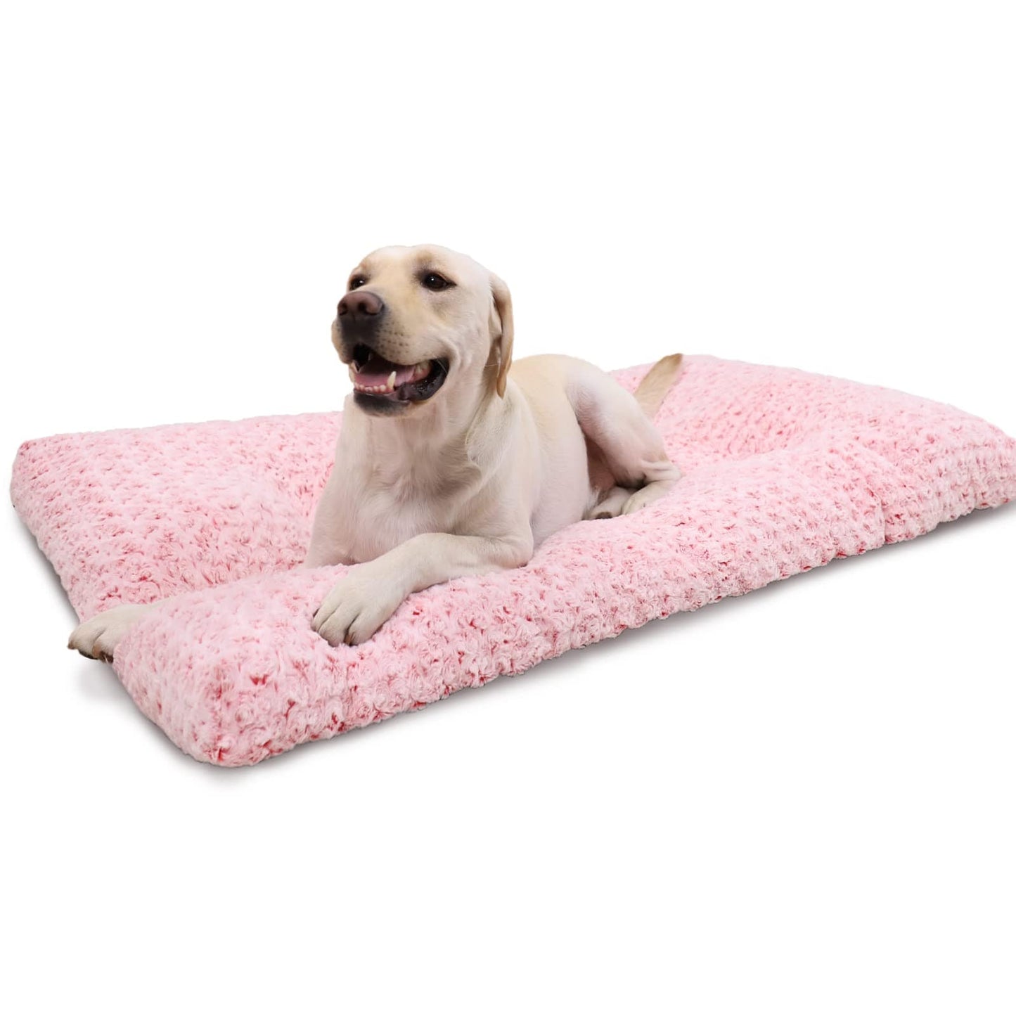A golden retriever lounging on a pink Dogegis™ plush pet sleeping mat