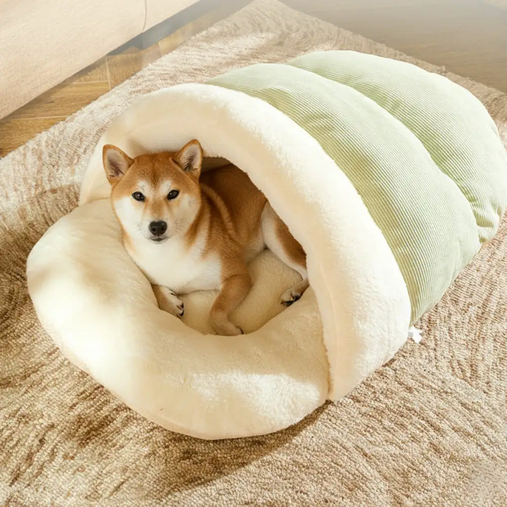 Ergonomic open entrance and resilient filling of the Dogegis™ Slipper Cave bed for easy burrowing access.