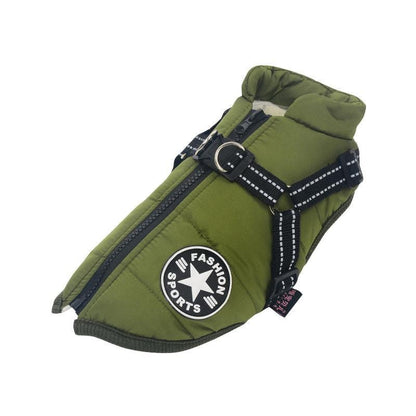 Army green Dogegis waterproof winter dog coat designed for outdoor adventures